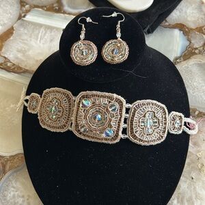 Hand Beaded Taupe & Aurora Borealis Earrings & Cuff Bracelet-Boutique